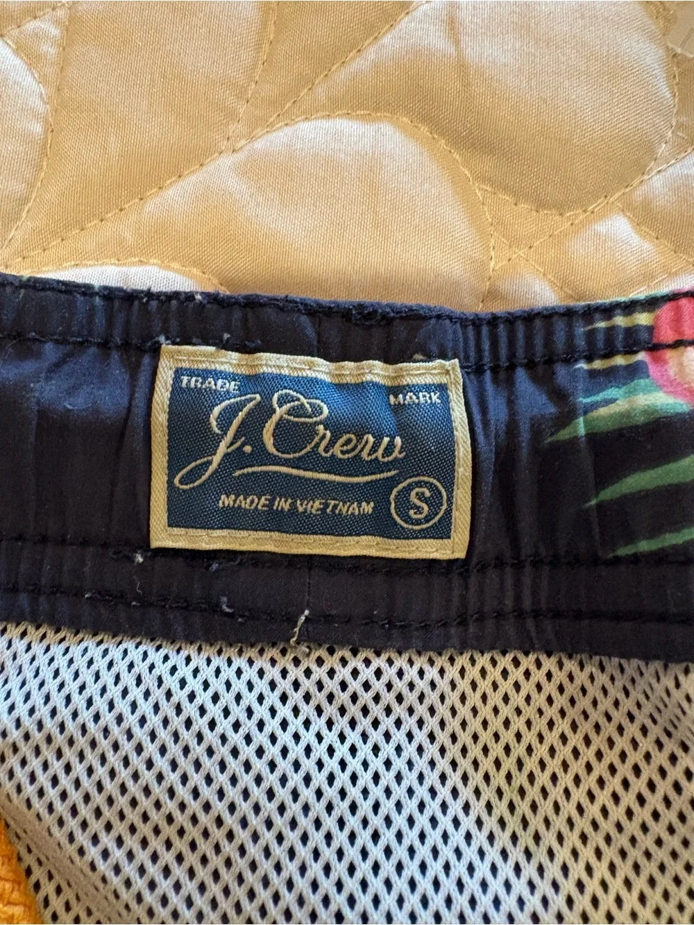 J. Crew Navy Swim Trunks with Pink Floral Print